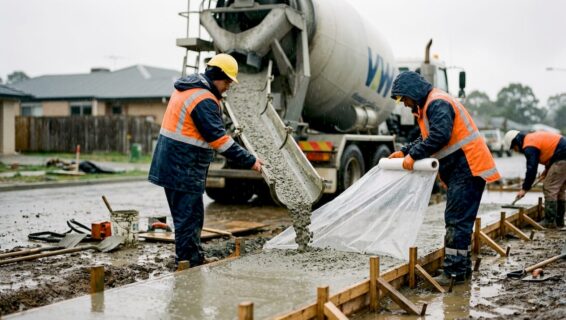 Construction workers protecting wet concrete slab from rain