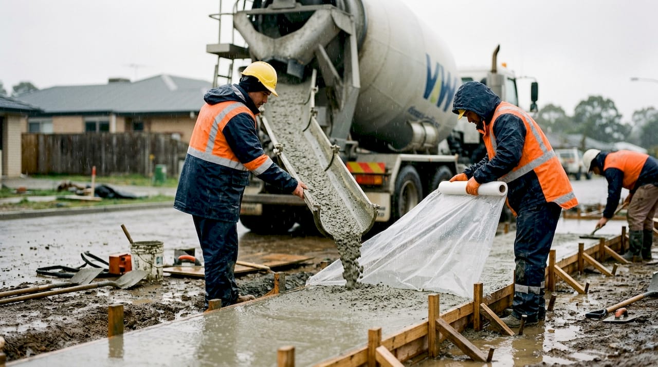 Construction workers protecting wet concrete slab from rain