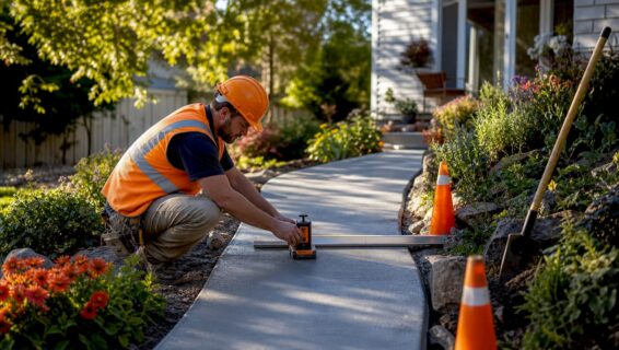 Worker measuring concrete pathway slope outdoors