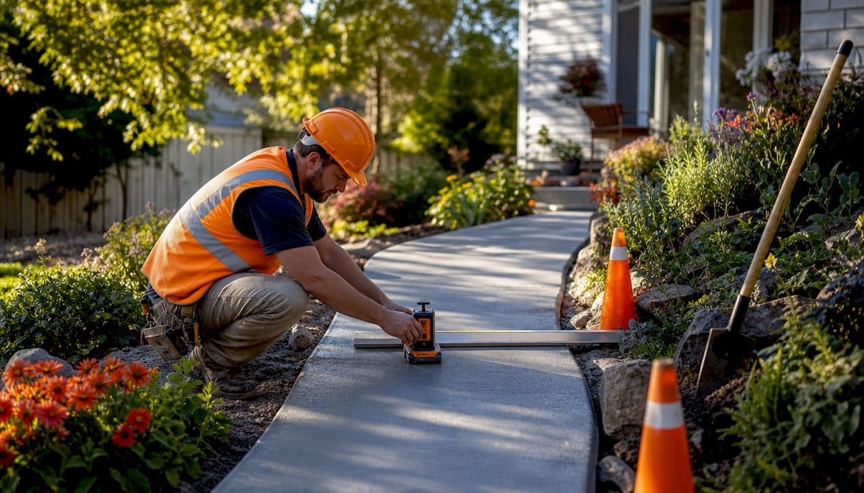 Worker measuring concrete pathway slope outdoors
