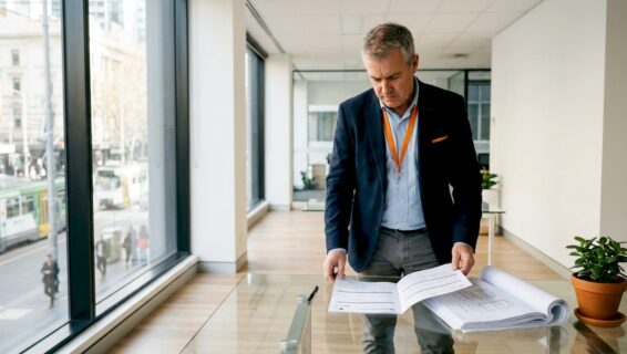 Building surveyor reviewing concrete permit documents