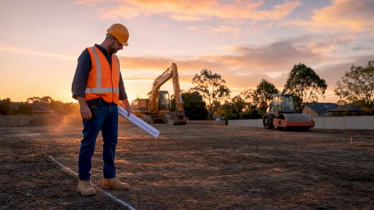 Site supervisor inspecting cleared concrete preparation area