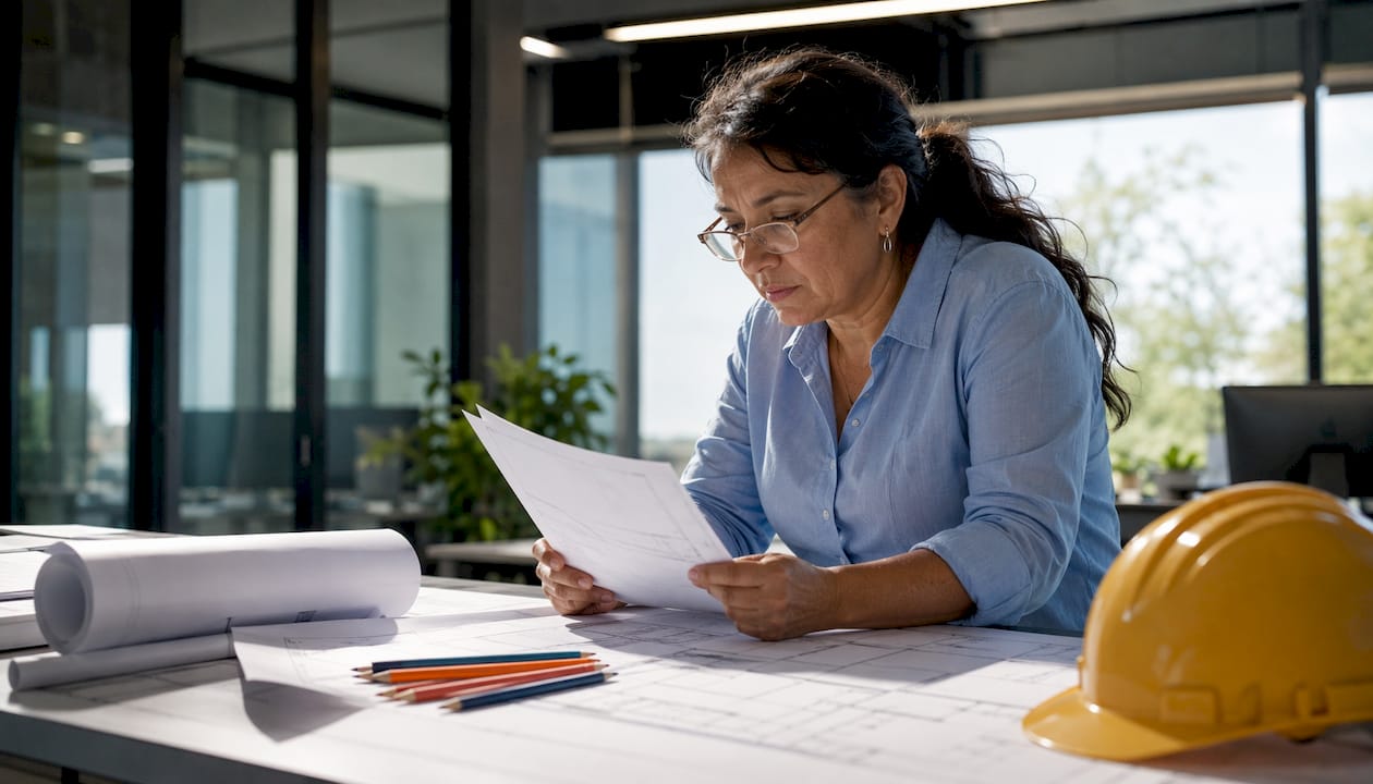 Engineer reviewing concrete specification documents