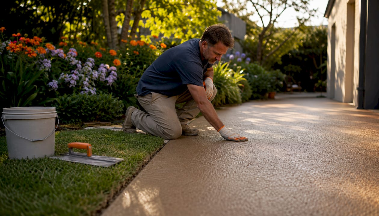 Man inspecting colored concrete driveway outdoors