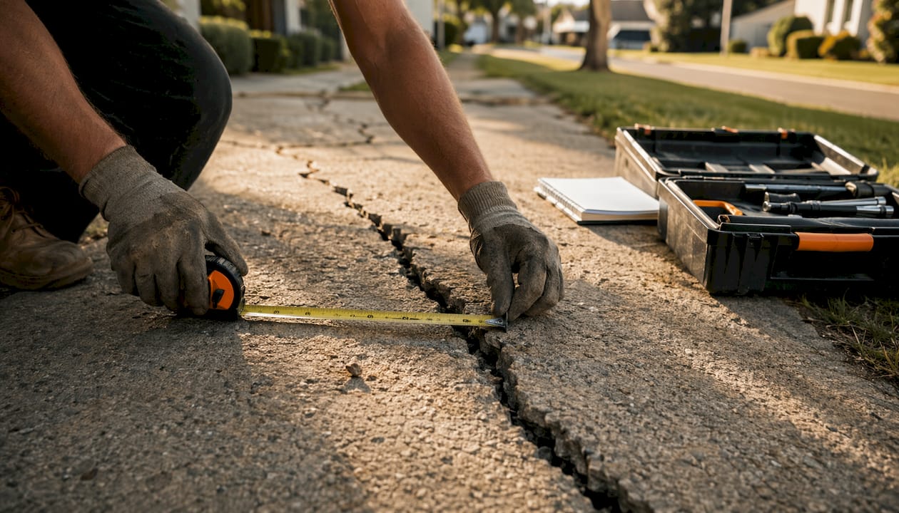 Hands measuring crack in concrete footpath
