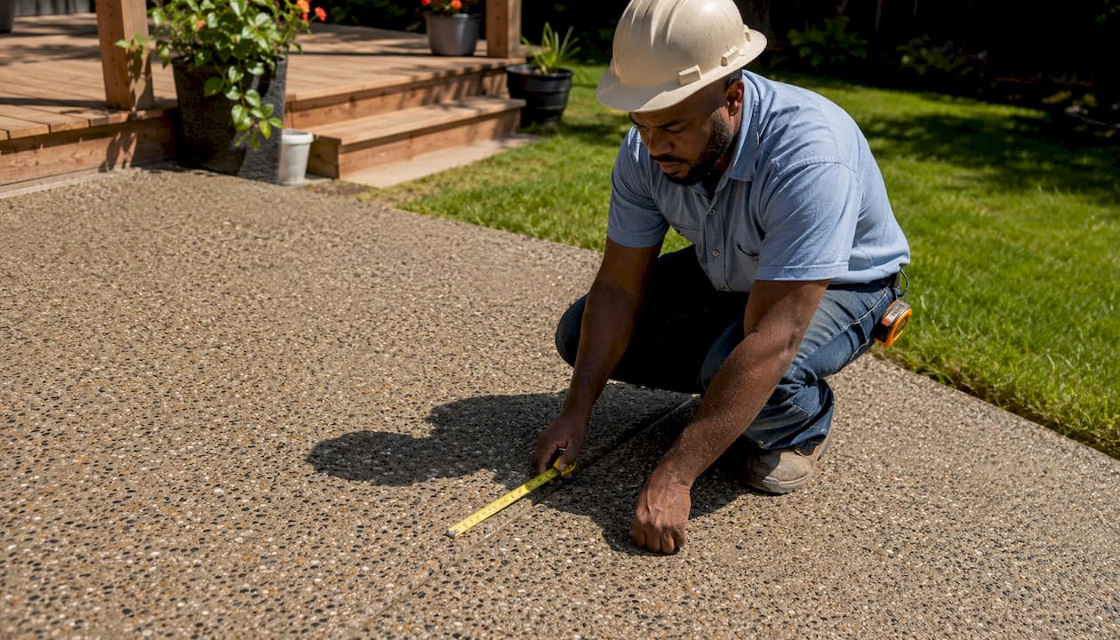 Contractor inspecting broom finish concrete driveway