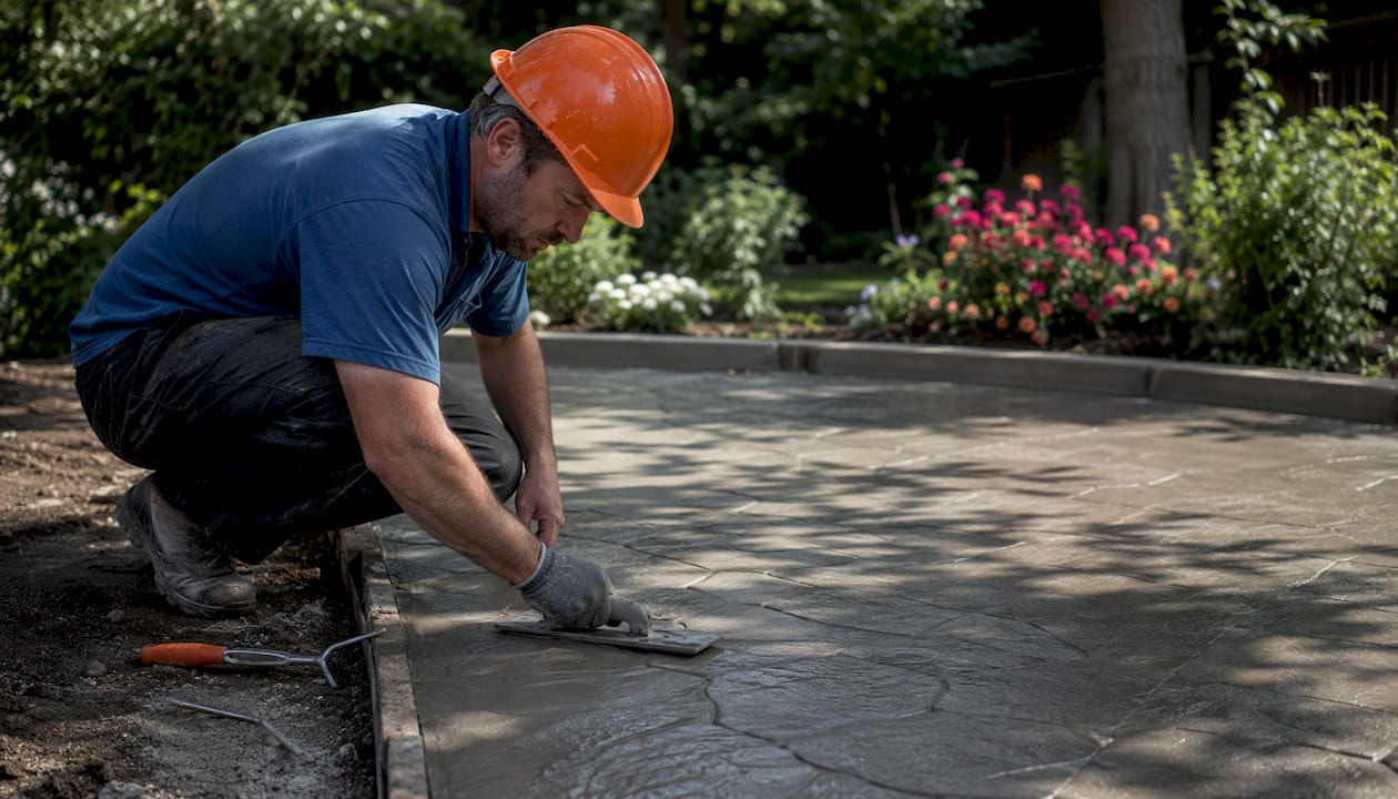 Worker applying stamped decorative concrete