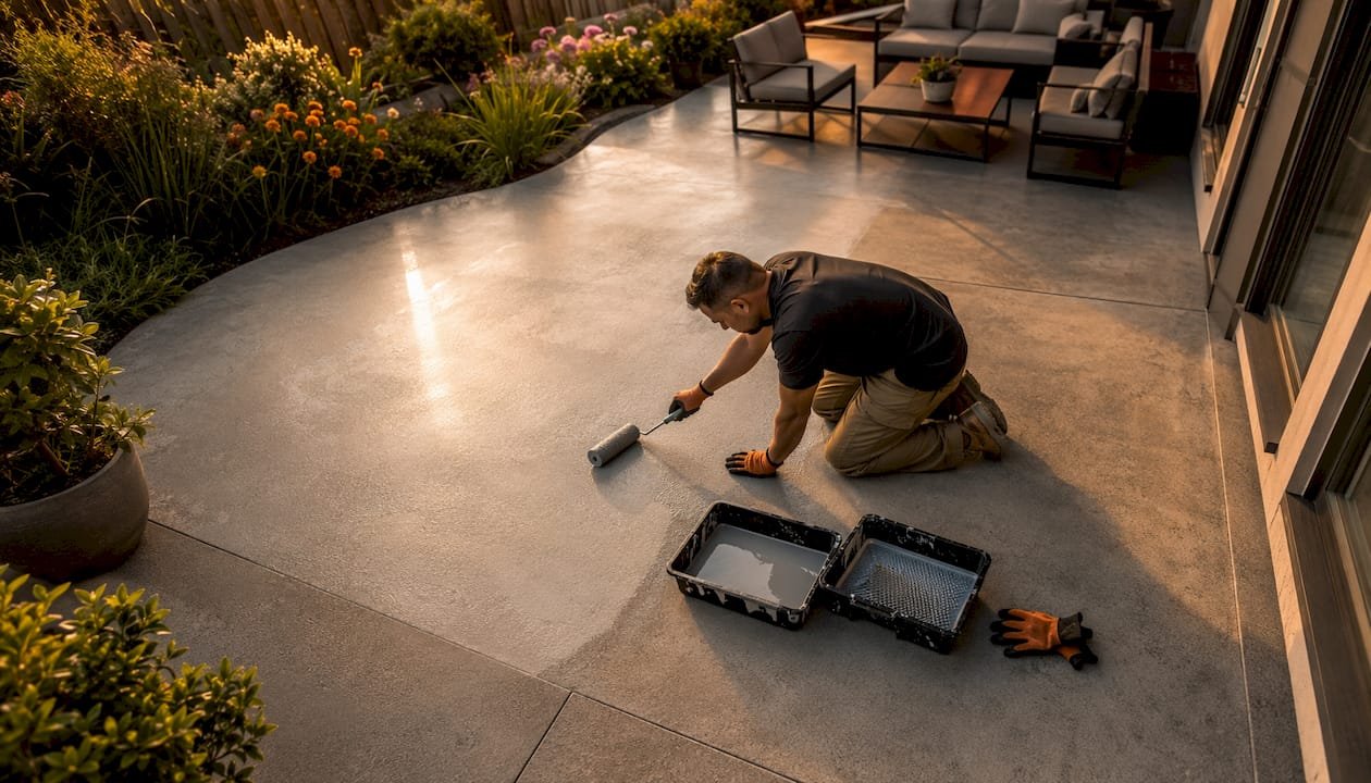 Homeowner sealing concrete patio outdoors
