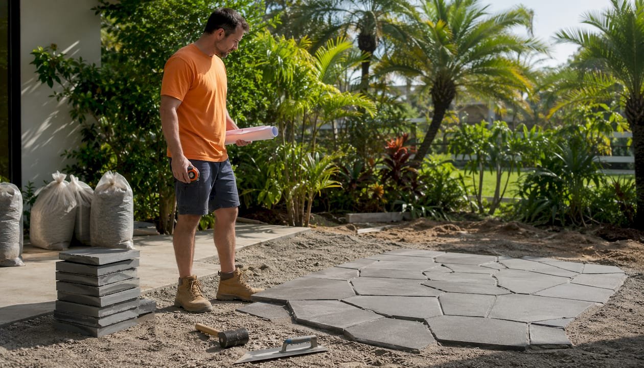 Homeowner planning concrete paving layout