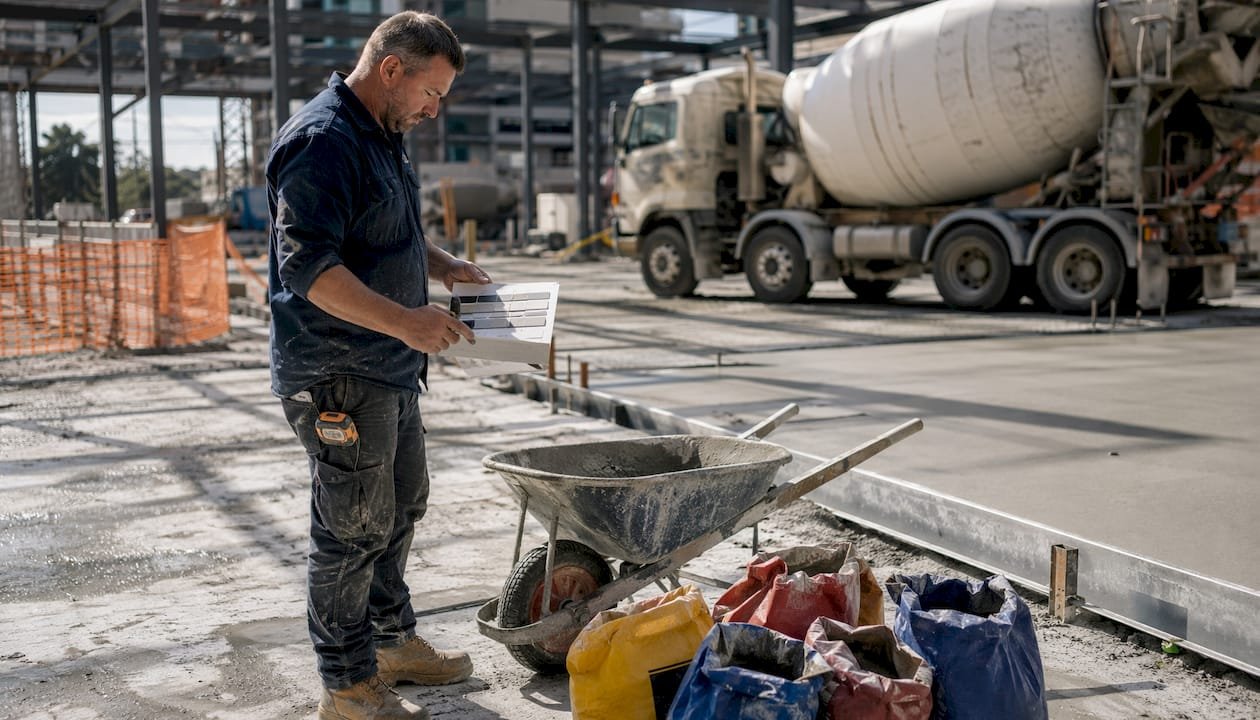 Contractor examining pigment near concrete mixing truck