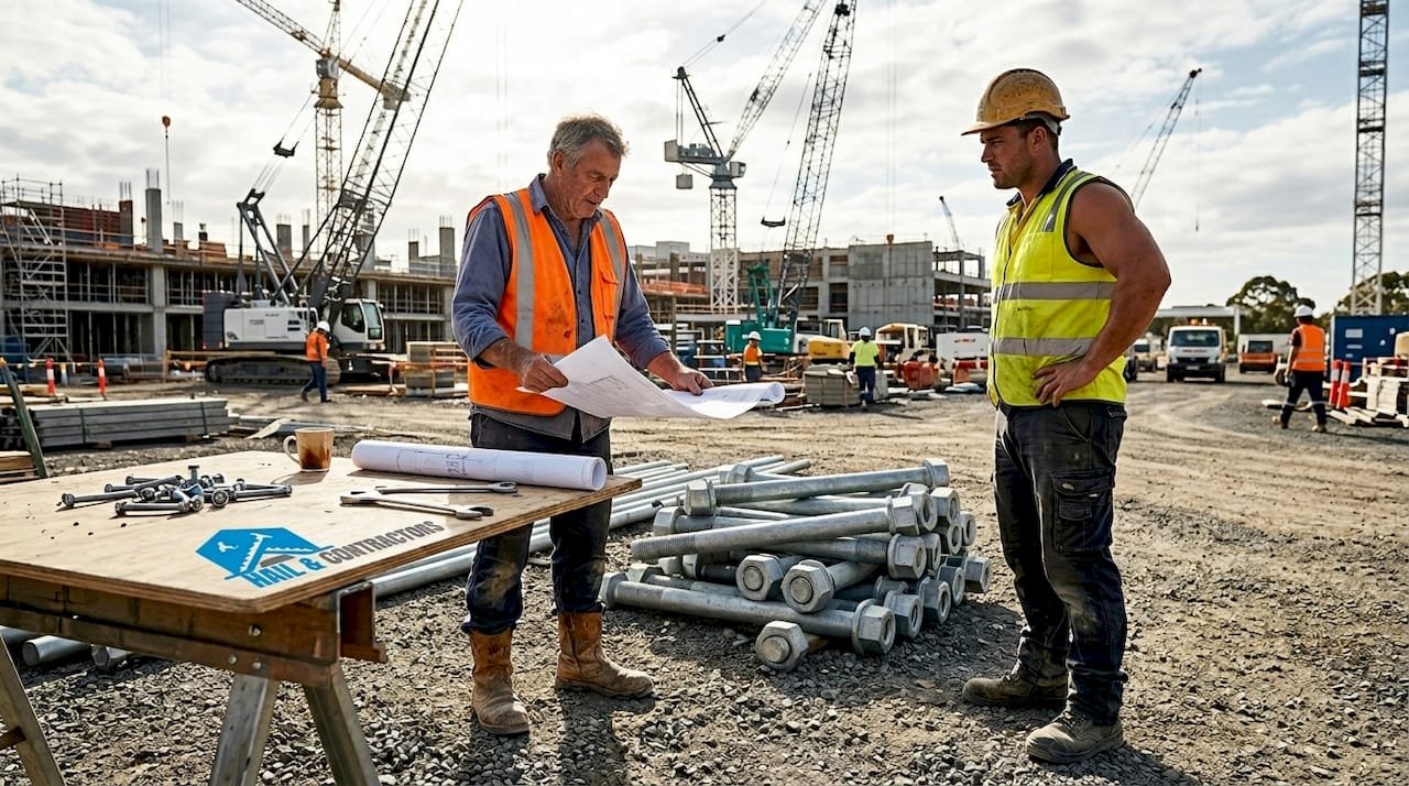 Construction manager reviews metal fasteners onsite