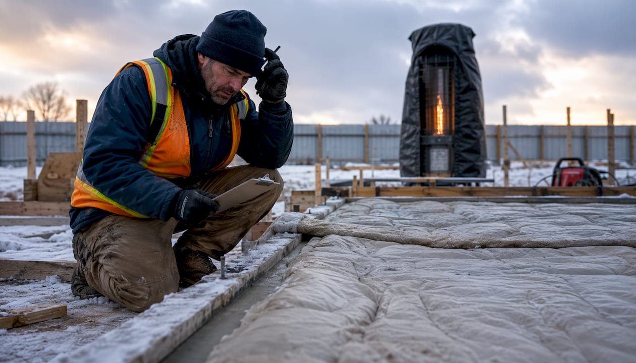 Foreman inspecting cold weather concrete pour outdoors