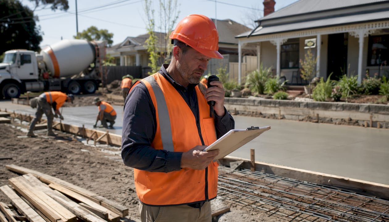 Site manager reviewing concreting plans outdoors