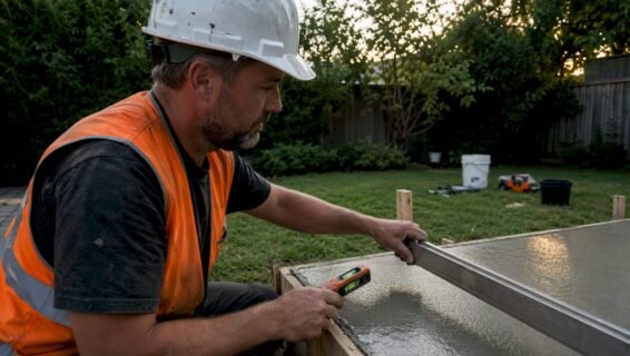 Worker measuring slope on outdoor concrete slab