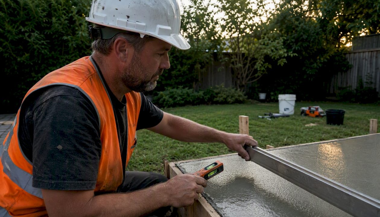 Worker measuring slope on outdoor concrete slab