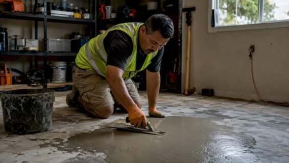 Worker applying self-leveling compound on concrete floor