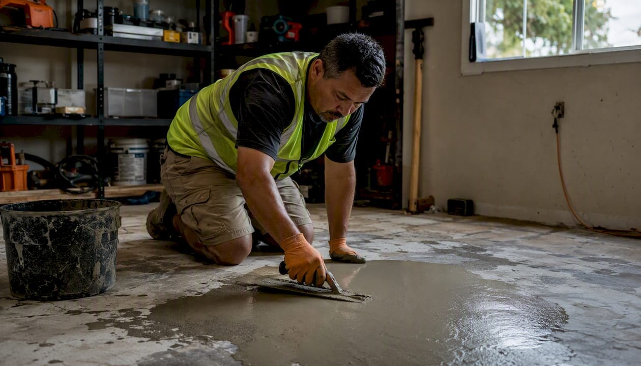 Worker applying self-leveling compound on concrete floor