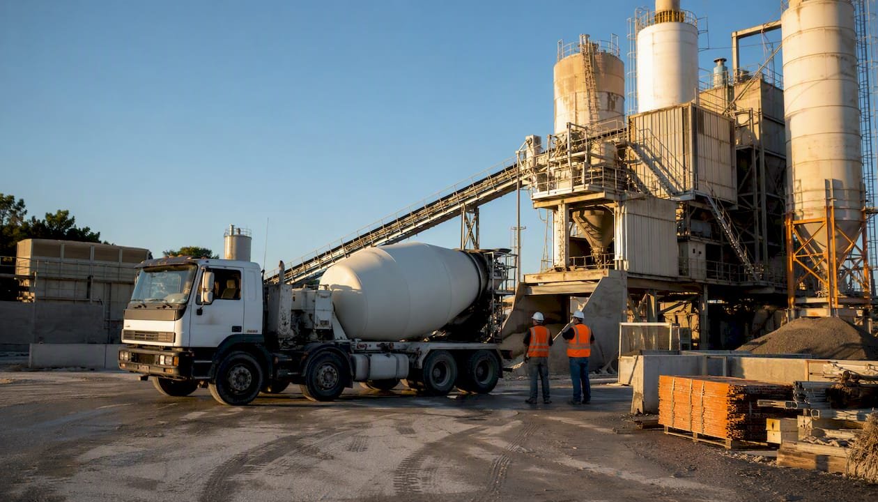 Concrete batching plant with mixer truck loading concrete