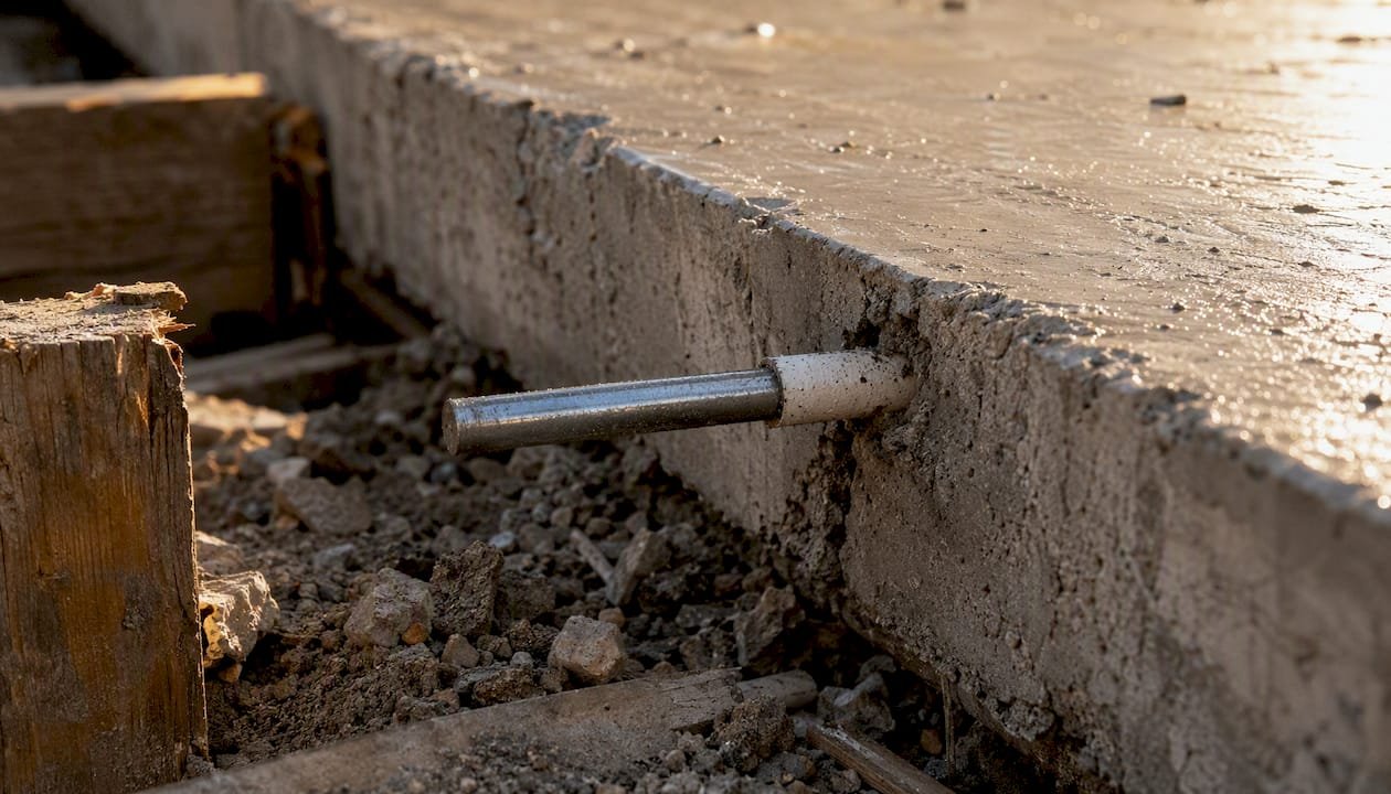 Concrete slab with embedded steel dowel bar