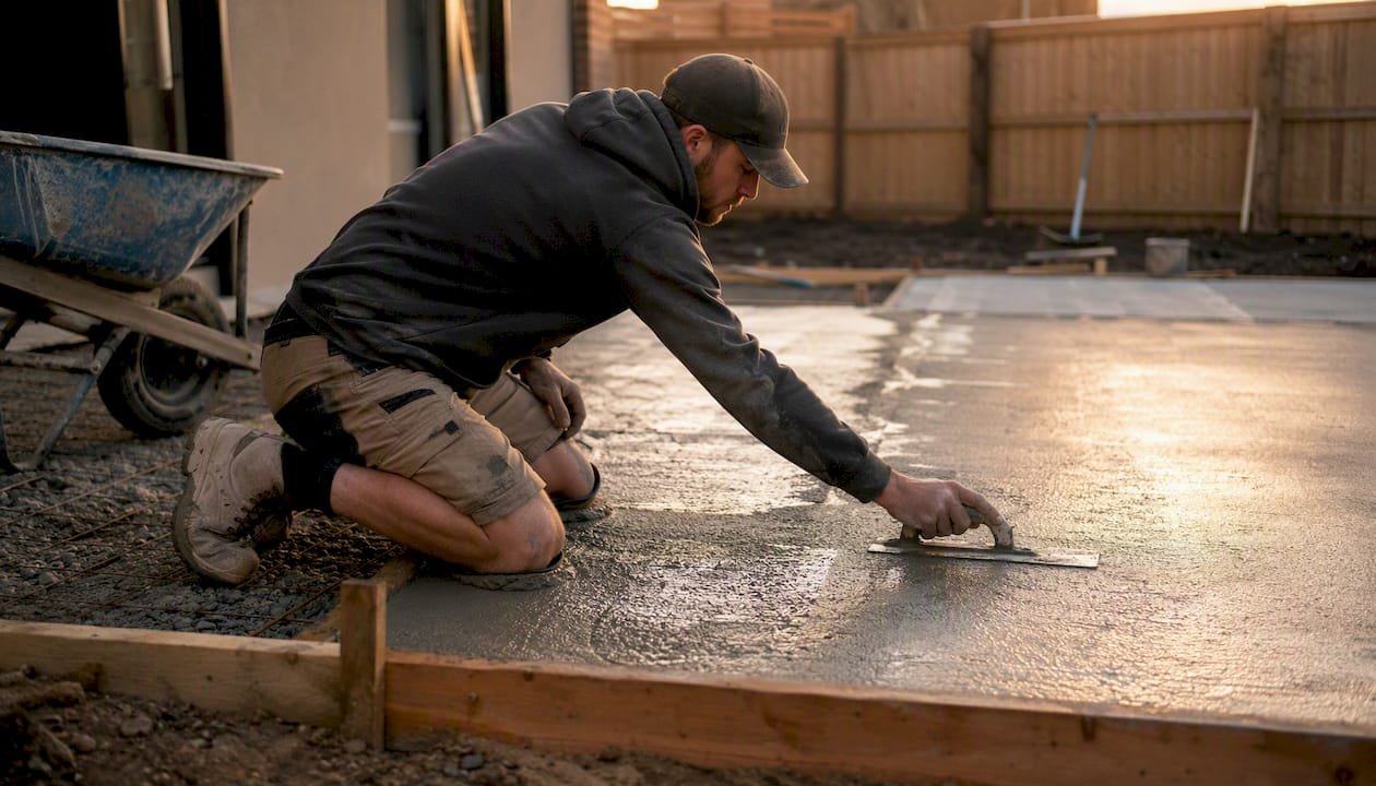Worker leveling freshly poured concrete driveway