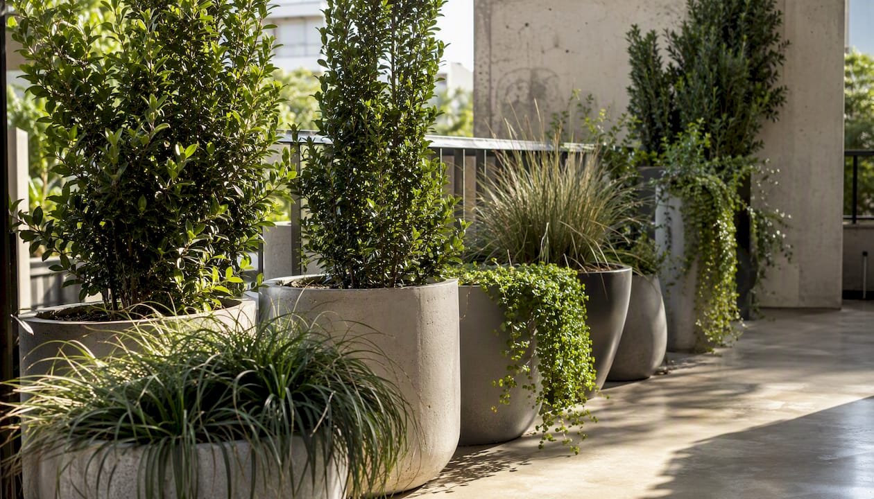 Urban balcony with container privacy plants