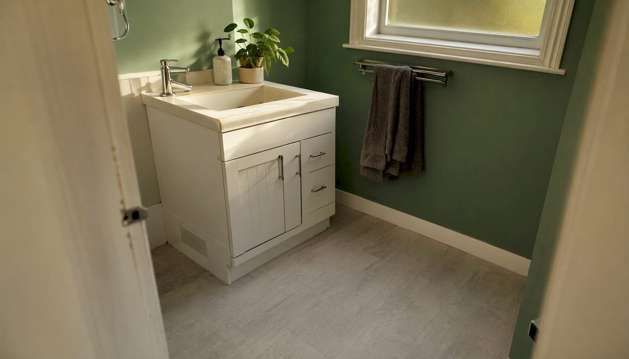 Small bathroom with fresh paint and vinyl tile floor