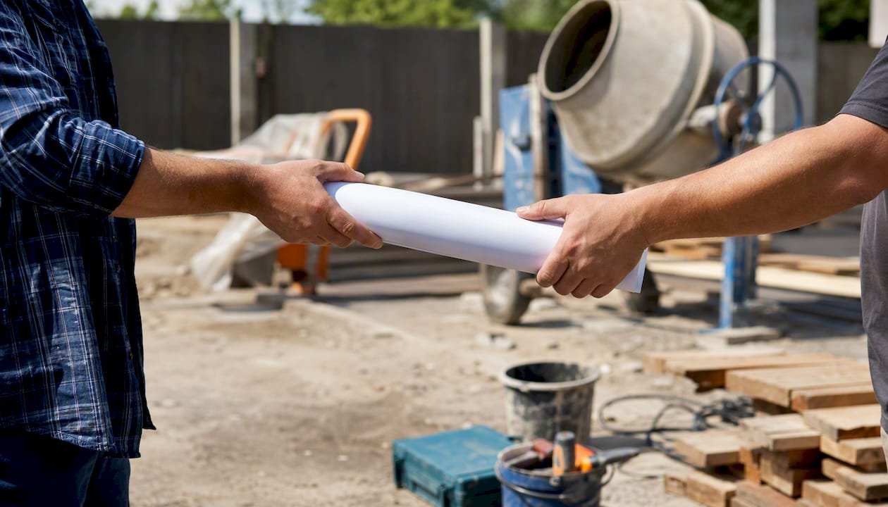 Hands exchanging construction contract with site tools