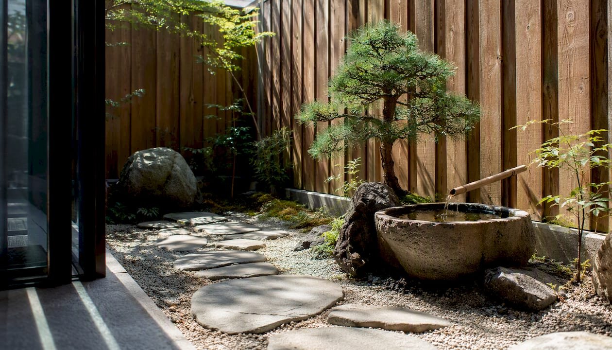 Small Japanese garden courtyard with moss and stone