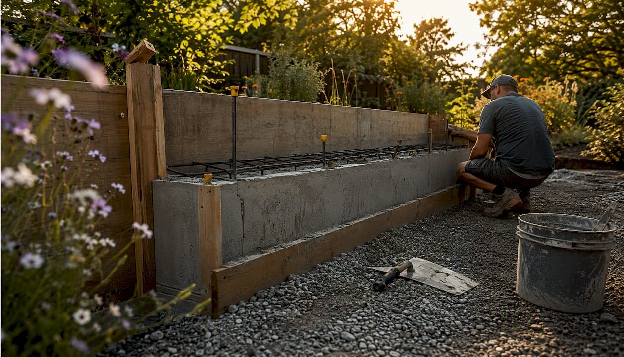 Concrete bench installation in backyard