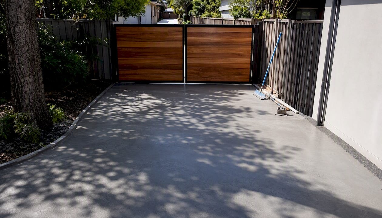 Modern concrete driveway with metal entry gate