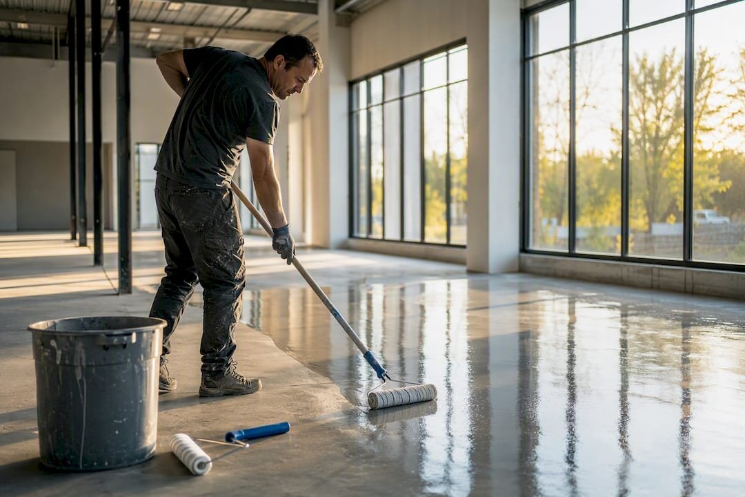 Worker applying epoxy resin to concrete floor