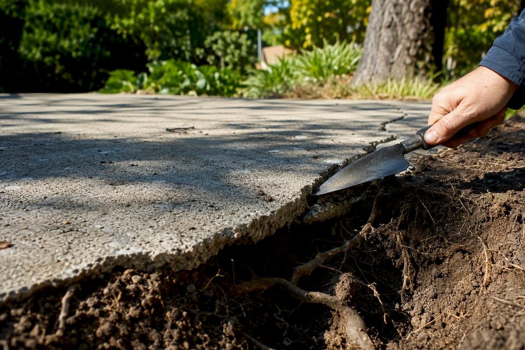 Cracked driveway with visible tree root damage