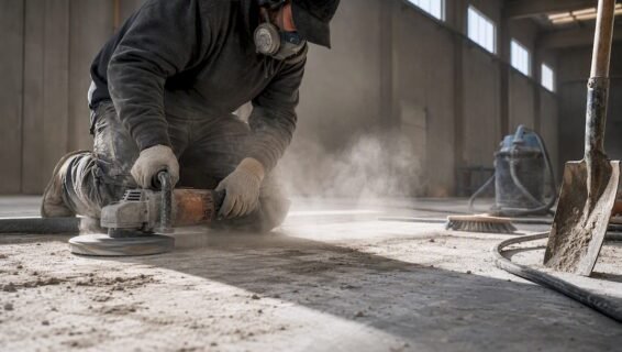 Worker grinding concrete slab in warehouse