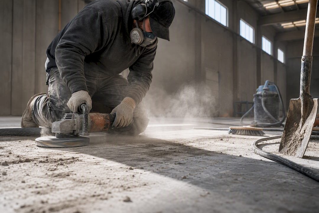 Worker grinding concrete slab in warehouse