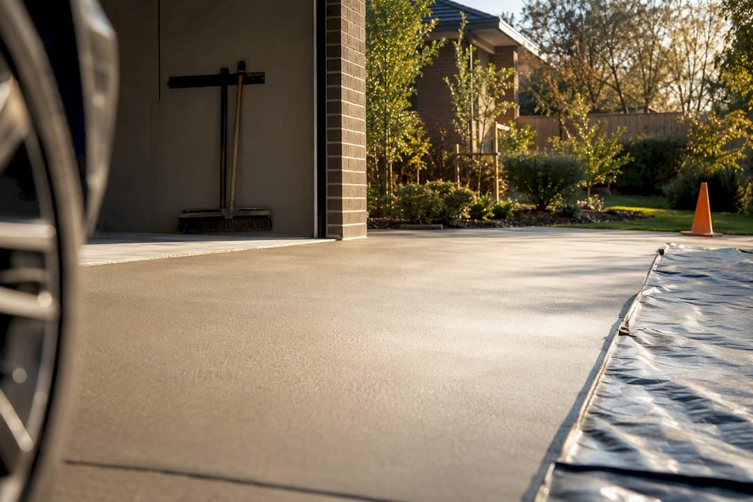 Fresh concrete driveway curing beside garage