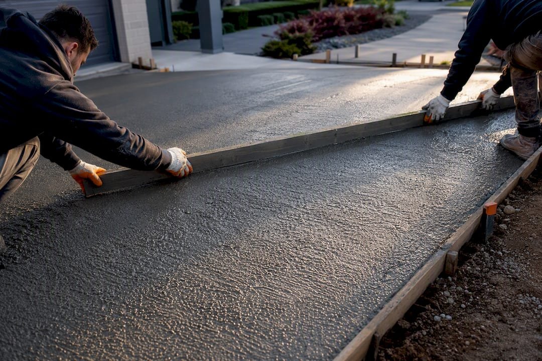 Fresh concrete being levelled on Melbourne driveway