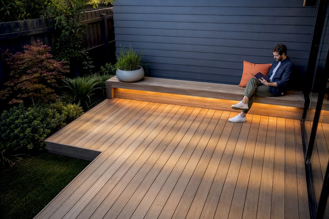 Compact backyard deck with built-in seating