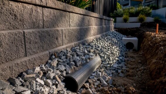 Exposed retaining wall drainage assembly