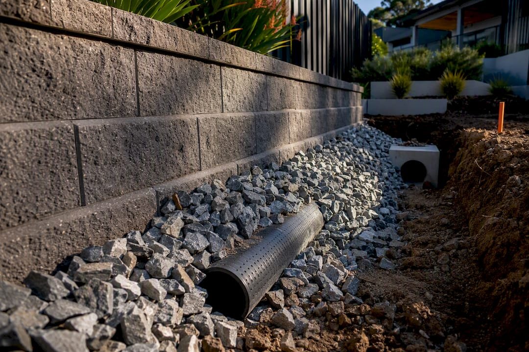 Exposed retaining wall drainage assembly