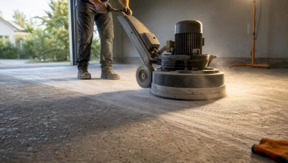 Homeowner grinding concrete before epoxy coating
