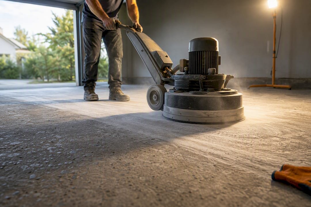 Homeowner grinding concrete before epoxy coating