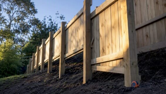 Stepped timber fence climbing a backyard slope